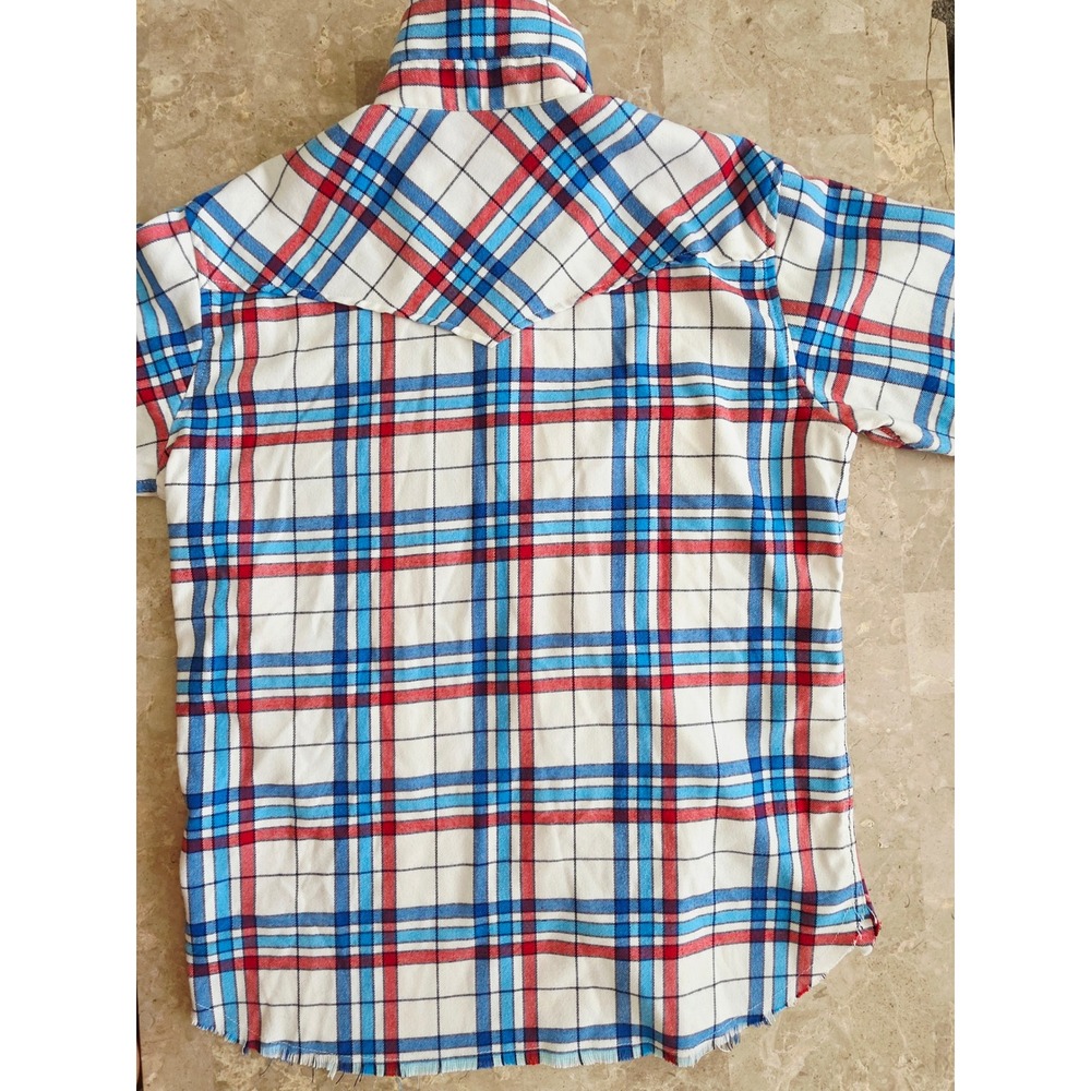 Aviator Nation Mens Plaid Flannel Shirt Red Blue White Frayed Hem Small USA - Picture 10 of 14